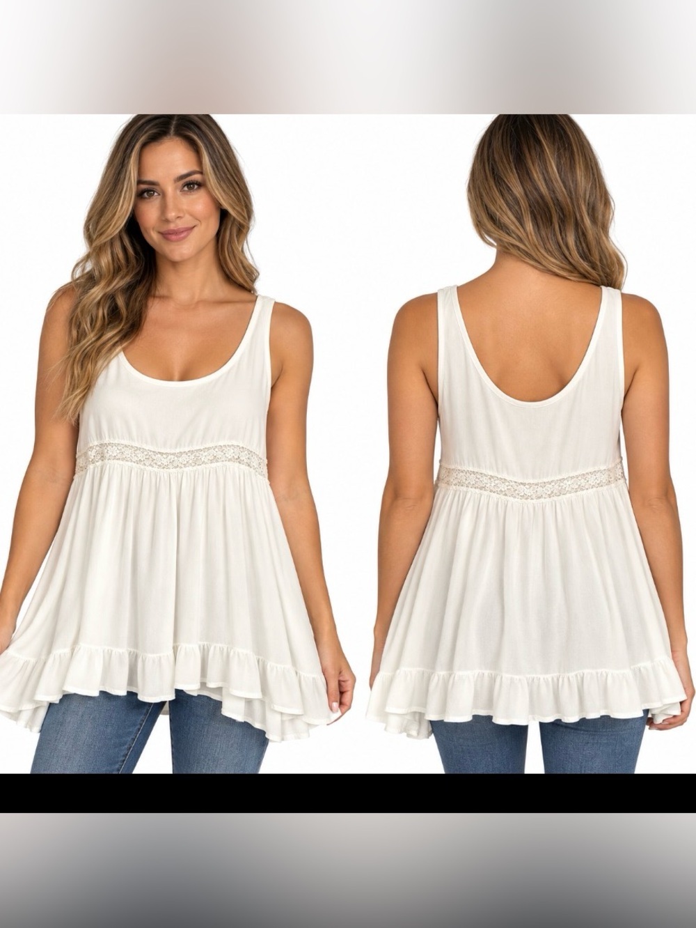 leshop white Lace-Trim Ruffle Hem Tank